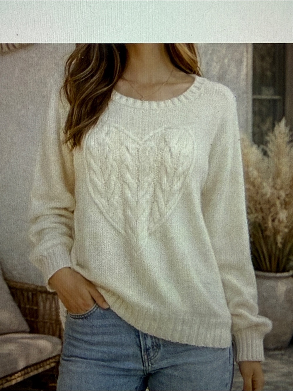 Wooden Ships Cream Cable Heart Crewneck Sweater S/M